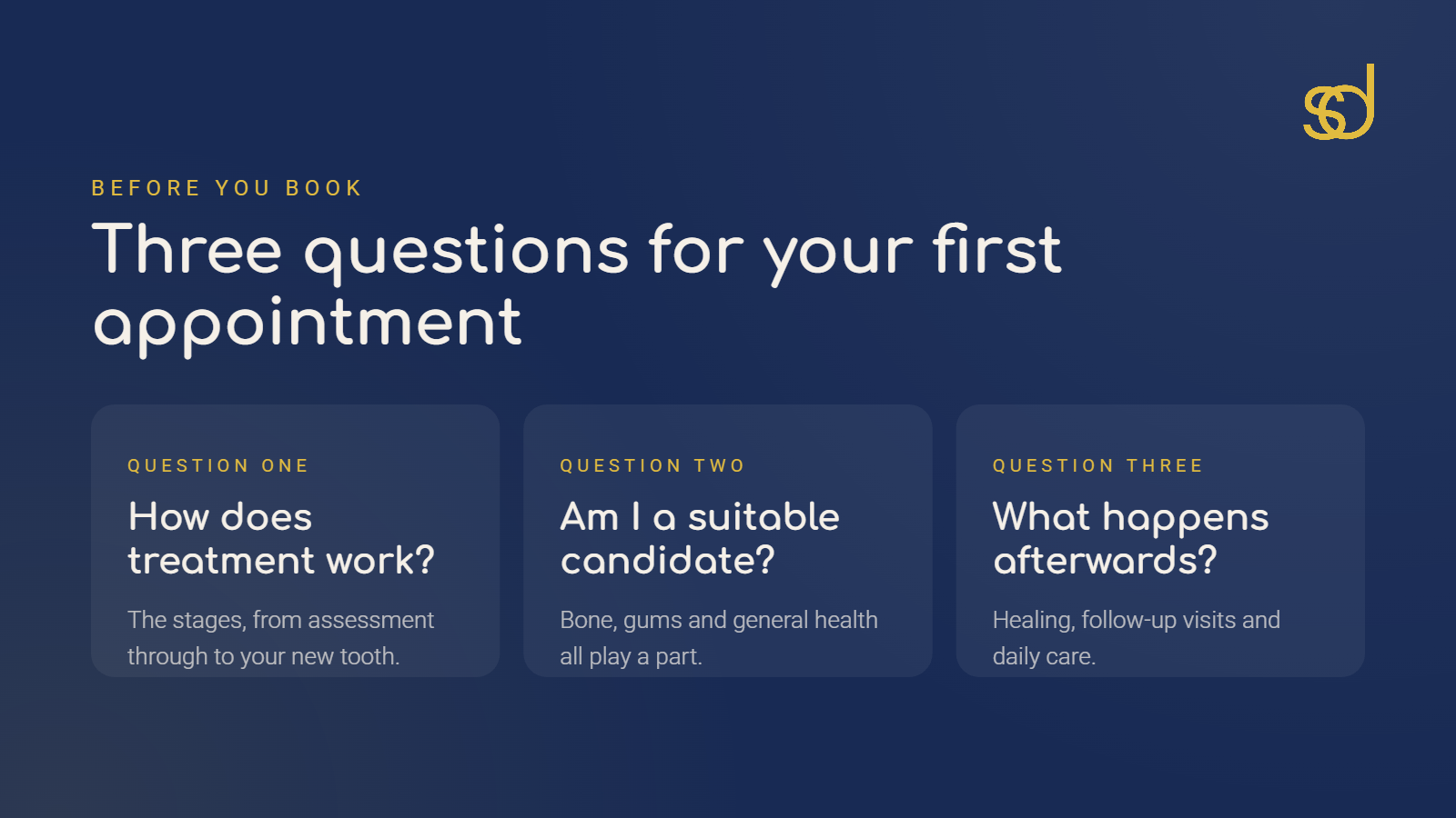Graphic showing three questions to ask at a first dental implant appointment: how does treatment work, am I a suitable candidate, and what happens afterwards