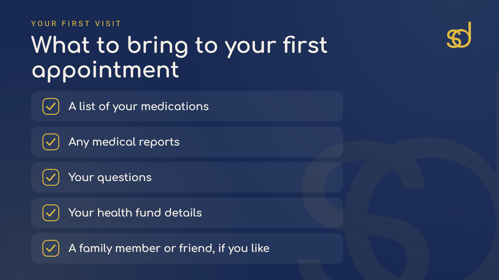 Checklist graphic listing what to bring to a first dental implant appointment: medication list, medical reports, questions, health fund details and a family member or friend
