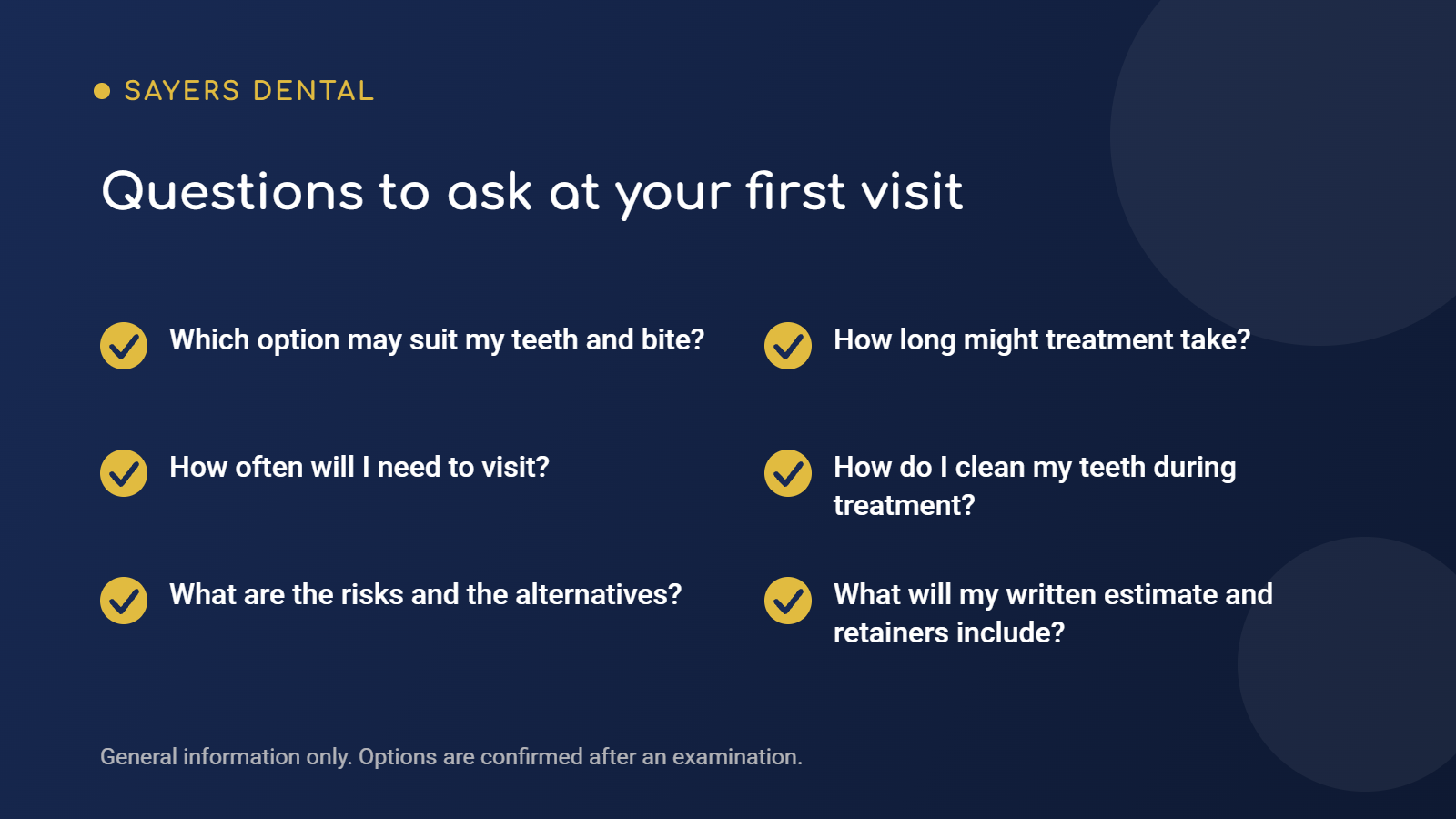 Checklist graphic listing six questions to ask at a first orthodontic visit