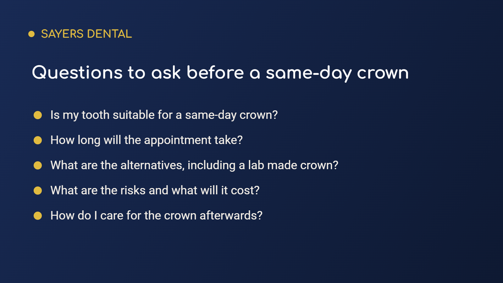Checklist graphic listing questions to ask before a same-day crown: suitability, appointment length, alternatives, risks and cost, and aftercare